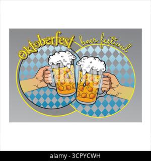 Deutschland, münchen, Hände, die zwei Bierbecher mit Schaum anschlagen, feiern das oktoberfest nach bayerischem Muster. Stock Vektor