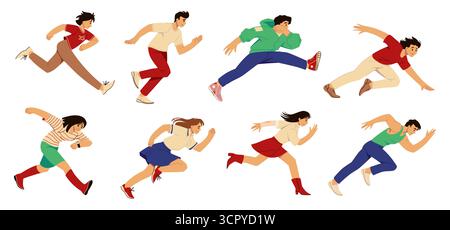 Menschen laufen. Rush Woman. Schneller Mann oder schneller Mann in geschäftlichen Herausforderungen. In Panik geratene Läufer beeilen sich, zu zielen. Lauf Rennen bis Tor. Nervöse Person spät. Speed Sprint Marathonposition. Vektor-Cartoon-Posen Set Stock Vektor