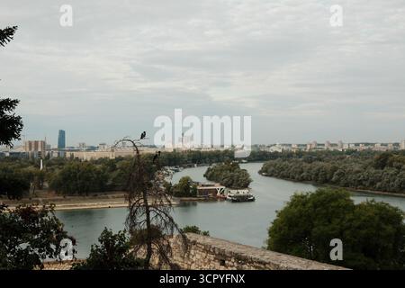 Blick von Kalemegdan über den Zusammenfluss von Save und Donau mit der Skyline der Stadt. Belgrad, Serbien - 28. September 2025. Stockfoto
