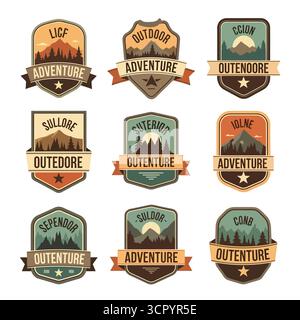Vektorkunst der Sammlung von Outdoor-Logodesigns für Abenteuer mit Berglandschaften, Bäumen und stilisierter Typografie, perfekt für Branding oder Abschlussball Stock Vektor