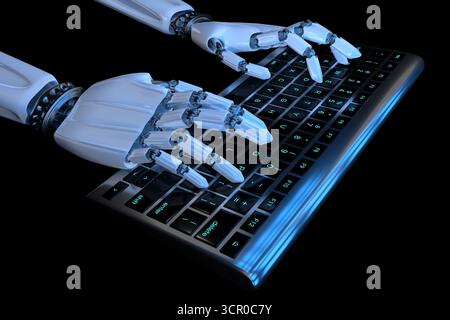 Futuristischer robotischer Hände, die auf einer hintergrundbeleuchteten Laptop-Tastatur tippen. KI-, Automatisierungs- und High-Tech-Coding-Konzept. 3D-Rendering. Stockfoto