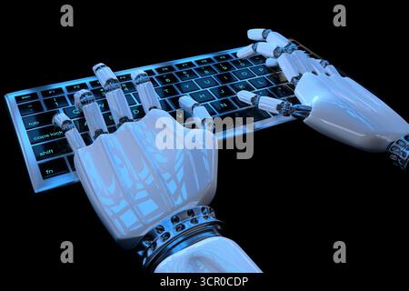 Roboterhände tippen auf Tastatur und Tastatur. Roboter-Hand-Cyborg mit Computer. 3D-Darstellung realistisch darstellen. Stockfoto