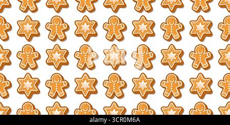Nahtloses Lebkuchen-Cookie-Muster. Lebkuchenkekse nahtloses Muster im flachen Cartoon-Stil mit Lebkuchenmännern und Sternformen auf weißem Hintergrund Stock Vektor