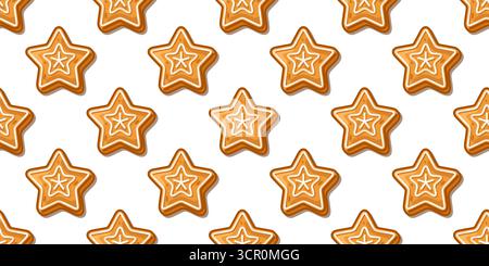 Nahtloses Lebkuchenmuster. Lebkuchenkeks nahtloses Muster in flachem Cartoon-Stil mit Sternformen und weißer Glasur auf weißem Hintergrund. Stock Vektor