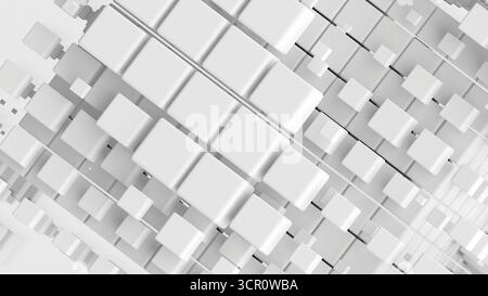 Abstraktes digitales Design mit einer 3D-Anordnung weißer Würfel in einem geometrischen Muster vor hellem Hintergrund Stockfoto