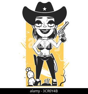Cowgirl und Cowboy im handgezeichneten Coquette-Stil. Skurrile Retro-Symbole für groovige Mädchen-Geburtstagsparty. Trendige und süße Kunst für Junggesellinnen Stock Vektor