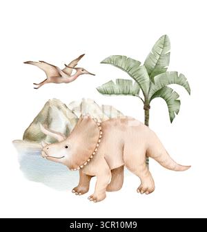Aquarellzeichnung eines triceratops mit fliegendem Pterodactyl und tropischen Pflanzen. Die verspielte prähistorische Landschaft macht es ideal für Kinderzimmer-Prints, fabr Stockfoto