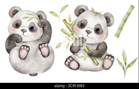 Niedliches Aquarellillustrationsset mit zwei Pandas, die Bambusblätter und -Triebe halten. Weicher handbemalter Stil macht ihn perfekt für Kinderzimmer, Kinder fa Stockfoto