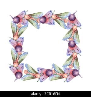 Aquarellillustration von mystischen Motten, Schmetterlingsinsekten, die Transformation, Intuition und nächtlichen magischen Rahmen symbolisieren. Perfekt für esoterische Projekte, Rituale, Wicca und geheimnisvolle Designs. Stockfoto