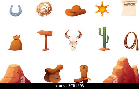 Westliche Zeichentrickelemente. Wilder Westen isolierte Accessoires, Sheriff Gold Star, Cowboystiefel und Hut. Wüstenpflanze, Kakteen, Berge und Hufeisensapid Stock Vektor