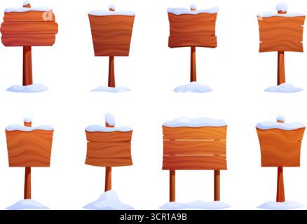 Schneebedeckte hölzerne Reklametafeln. Winter Holzbanner mit Schneekappen. Schilder oder Straßenschilder, Straßendekorationen im Vintage-Stil, Zeiger sapid Vektor Set orig Stock Vektor