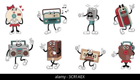 Pop-Art-Charaktere im Retro-Stil. Lustige Musik-Maskottchen, positive Schallplatten, Radio, Kassette und Mikrofon. Vintage-Cartoon-Audio-Player, neoterisch Stock Vektor
