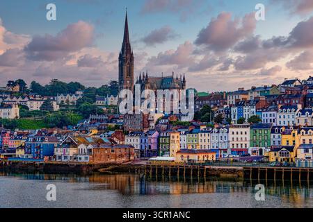 COBH, IRLAND - 15. August 2025: Die farbenfrohe Hafenstadt Cobh mit der St. Colman’s Cathedral erhebt sich über der Uferpromenade und ist ein beliebter Halt für Kreuzfahrten Stockfoto