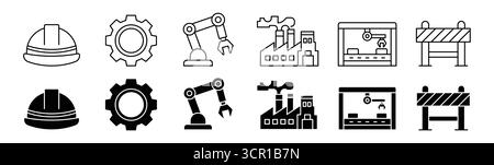 Eine Sammlung industrieller Symbole mit Symbolen für Bau und Fertigung. Perfekt für Designprojekte, Präsentationen und Bildungszwecke Stock Vektor