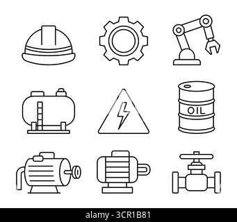 Eine Sammlung von einfachen Strichgrafik-Symbolen, die verschiedene Industriegeräte darstellen, perfekt für technische und technologische Anwendungen. Stock Vektor
