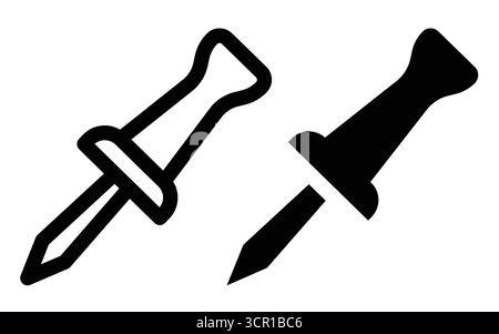 Dieses Bild verfügt über zwei schwarze Stecknadeln auf weißem Hintergrund, ideal für die Verbesserung der Büroorganisation und kreativer Projekte. Perfekt für Ikonen oder Stas Stock Vektor