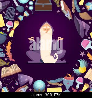 Assistent. Magier-Charakter sitzt und zaubert. Vektorhintergrund im Kreis bilden Originalvorlage Stock Vektor