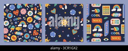 Grooviges Retro-Set Mit Nahtlosem Aufklebermuster Stock Vektor