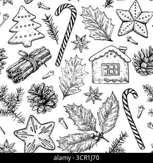 Große Auswahl an Weihnachts- und Neujahrselementen, Keksen, Süßigkeiten, Kiefernzweigen und Gewürzen. Handgezeichnete Illustration im alten Vintage-Stil. Stock Vektor