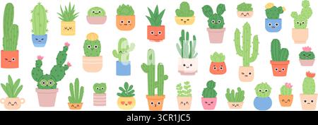 Charaktere von Pflanzen. Kakteen- und Sukkulenten-Aufkleber mit verschiedenen Emotionen. Isolierte lustige Gesichter Zimmerpflanzen, Kakteen im Blumentopf, rassige Vektorbündel Stock Vektor