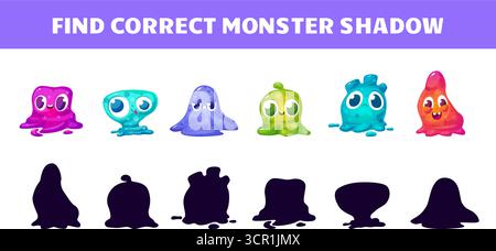 Finde den richtigen schleimigen außerirdischen Schatten. Kinder-Erziehungs- und Entwicklungsspiel. Comic lustige, helle Monster, Kindermaskottchen. Vektorkonzept der Vorlage wiedergeben Stock Vektor