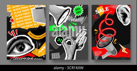 Black friday Halbton Flyer. Shopping Sale Poster Pop-Art-Collage, Social-Media-Marketing Post-Design Retro Outcut Papier Lautsprecher Prozent diskutieren Stock Vektor