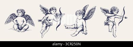 Set aus niedlichen Cupiden mit Schleife und Pfeilen. Fliegendes Kind mit Engelsflügeln im Vintage-Stil. Symbol der Liebe zum Valentinstag. Handgezeichneter Vektor Stock Vektor