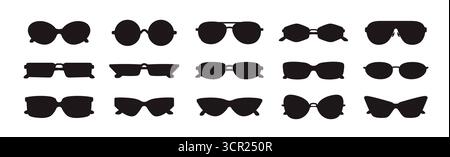 Set mit schwarzen Sonnenbrillen. Symbole oder Schilder mit Sommerbrillen in verschiedenen Formen. Designelemente für App oder Website. Illustration des flachen Vektors Stock Vektor