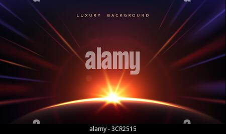 Hintergrund bei Sonnenaufgang. Banner mit hellen gelben und blauen Lichtstrahlen auf dunklem Hintergrund. Blendung oder Blitz des Sonnenlichts über der runden Oberfläche. Realistisches Neon Stock Vektor
