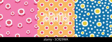 Verspieltes nahtloses Muster mit Gänseblümchen. Pink, Orange und Punktmuster Stock Vektor