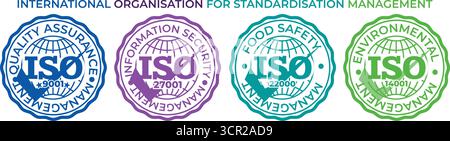 Runde ISO-Zertifizierungsabzeichen für Qualitätssicherung, Lebensmittelsicherheit, Informationssicherheit und Umweltstandards Stock Vektor