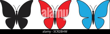 Farbenfrohe Schmetterlingssilhouette Set aus schwarzer, roter und blauer Insektensymbolkollektion für Design-, Natur- und Frühlingsmotive Stock Vektor