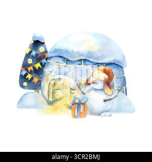 Neujahrskomposition mit Iglu, Schneemann, Weihnachtsbaum, Schneewehwerk und Geschenkbox. Illustration der Kinder mit Aquarell, die vom Hintergrund isoliert wurde. Urlaub Stockfoto
