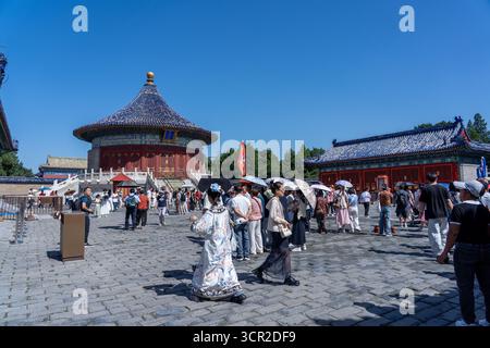 Peking, China - 14. September 2025 : Menschenmassen erkunden den berühmten Tempel des Himmels mit seiner berühmten Gebetshalle für gute Ernten und Stockfoto