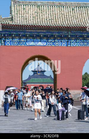 Peking, China - 14. September 2025 : Ein leuchtend roter Bogengang mit einem kunstvoll verzierten Ziegeldach bietet einen Blick auf den berühmten Himmelstempel, der von V Stockfoto