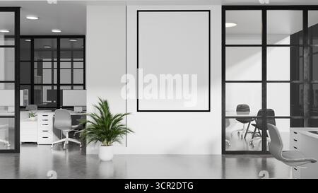 3D-Rendering eines minimalistischen Bürobereichs mit leerem Rahmen, weißen Schreibtischen und Tageslicht Stockfoto