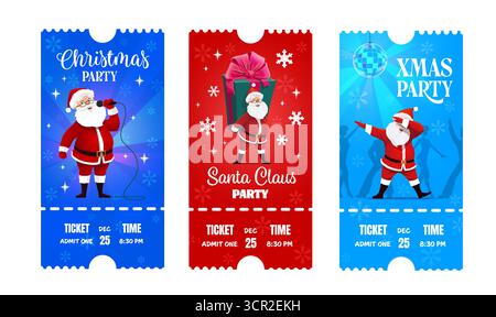 Weihnachtsfeier lassen Tickets Vektorvorlagen mit Weihnachtsmannfiguren zu. Cartoon Santa singt auf der Weihnachtsfeier, trägt Weihnachtsgeschenke und tanzt unter Discoball, Tickets und Winterfeiertage Stock Vektor