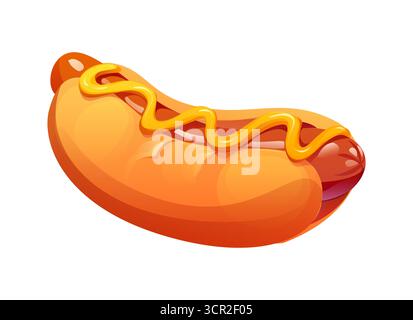 Cartoon Fast Food Hot Dog mit Senfdrizzle in einem weichen Brötchen. Isolierter Vektor-Imbiss zum Mitnehmen, köstliche Gaumenfreude mit saftiger Wurst und frischen Toppings, Festivalküche Stock Vektor
