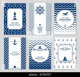 Marine-Nautische Einladung und Vorlagen. Vektorset aus marineblauen und weißen Einladungskarten mit maritimen Ikonen wie Anker, Leuchtturm, Lenkrad, Schiff und Wal evozieren Meeresvibes für Meeresereignisse Stock Vektor