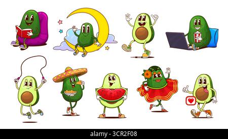 Cartoon groovige mexikanische Avocadofiguren, lustige grüne Früchte, vegane Lebensmittel Vektor-Persönlichkeiten. Retro-groovige Hippie-Avocados in Sombrero, die Taco essen und tanzen. Ganze und halbgrüne Früchte Stock Vektor
