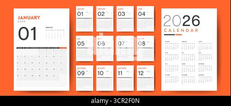 2026 Creative minimal business monthly Calendar template vector. Desk, wall calendar for print, digital calendar or planner. Week start on Monday. Sim Stock Vektor