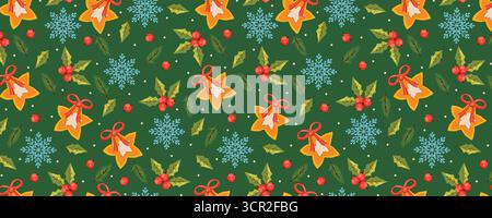Nahtloses Weihnachtsmuster mit verzierten Sternen, Tannenzweig, Stechpalmenblättern mit Beeren und fallenden Schneeflocken im Cartoon-Stil isoliert auf Grün Stock Vektor