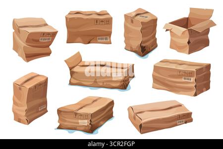 Beschädigte Kartons mit zerquetschten, zerrissenen, nassen und offenen Zustellpaketen mit Versandetiketten, Vektorsatz. Beschädigte, zerknitterte Frachtboxen oder deformierte, gebrochene Papppakete für eine schlechte Logistik Stock Vektor