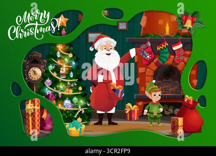 Weihnachtspapier geschnittene Banner mit Weihnachtsmann in der Nähe von Kamin und Weihnachtssocken, Vektor-Grußkarte. Frohe Weihnachten Winterfahne mit Weihnachtsbaum und Weihnachtsmann, die Geschenke in Socken am Kamin Stock Vektor