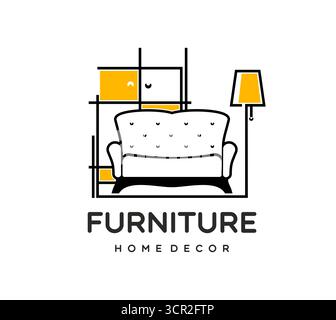 Home Interior Icon für Designstudio, Apartments Dekor und Möbel Staging, dünne Linie Vektor. Innenraumemblem mit Stuhl oder Sofa, Lampe und Möbeln für ein komfortables Wohnen oder einen Salon mit Hausdekor Stock Vektor