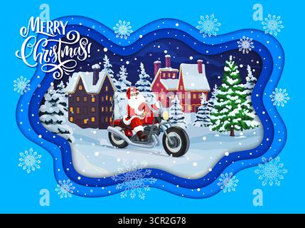 Frohe Weihnachten Papier geschnittene Banner mit Santa auf Motorrad, Cartoon Vektor. Weihnachtsgrußkarte mit Weihnachtsbiker, der im Winterferienort oder Neujahrsdorf im Papierschnee Motorrad fährt Stock Vektor