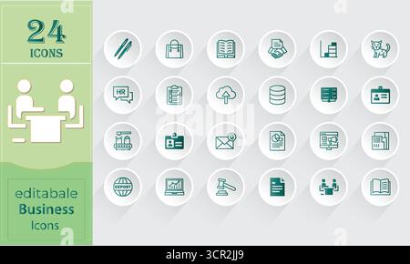 Sammlung von 24 bearbeitbaren Geschäftssymbolen, die in einem Raster auf weißem Hintergrund angeordnet sind Stock Vektor