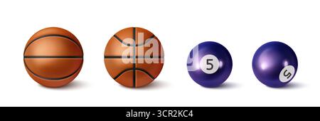 Realistische Basketball- und Billardkugel-Designs mit detaillierter Textur für sportliche Grafiken. Orangefarbene Lederkugel mit schwarzen Nähten, lila Kugel mit 5 Ziffern. 3D-Ausrüstung für Spiele oder sportliche Inhalte. Stock Vektor