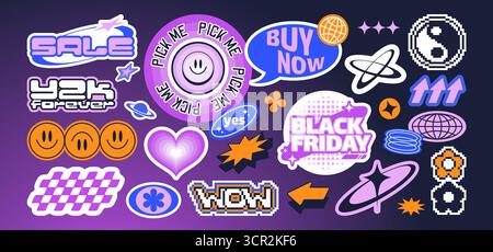 Retro y2k-Labelkollektion mit Black Friday, Verkaufsabzeichen und kosmischen Elementen für Werbedesigns oder Stickerpacks. Digitale nostalgische Elemente und Ikonen mit lächelnden Gesichtern, Planeten und Herzen. Stock Vektor