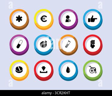 Sammlung von zwölf kreisförmigen Symbolen mit verschiedenen Symbolen und Grafiken auf transparentem Hintergrund Stock Vektor